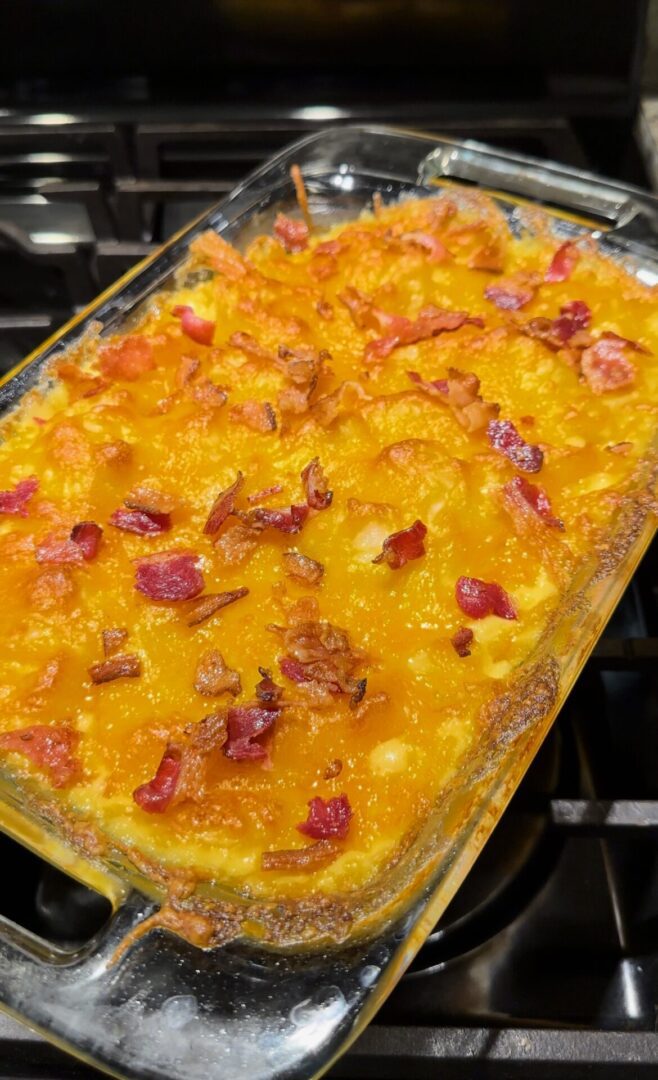 dish of cheesy bacon scalloped potatoes