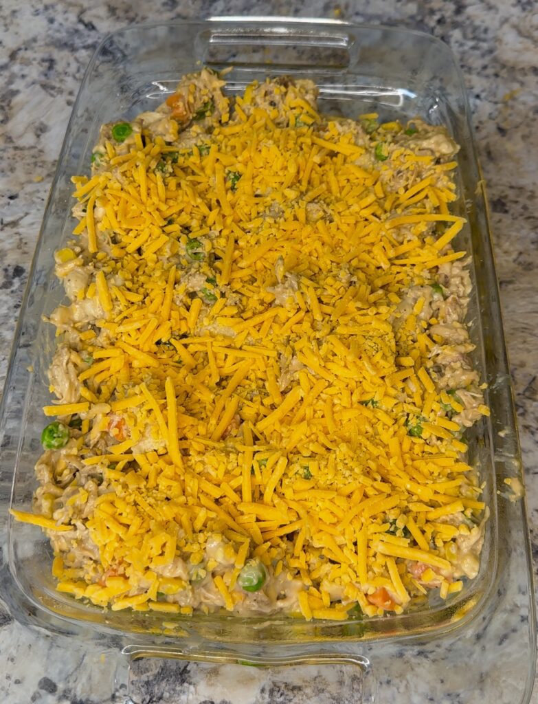 chicken mixture in baking dish