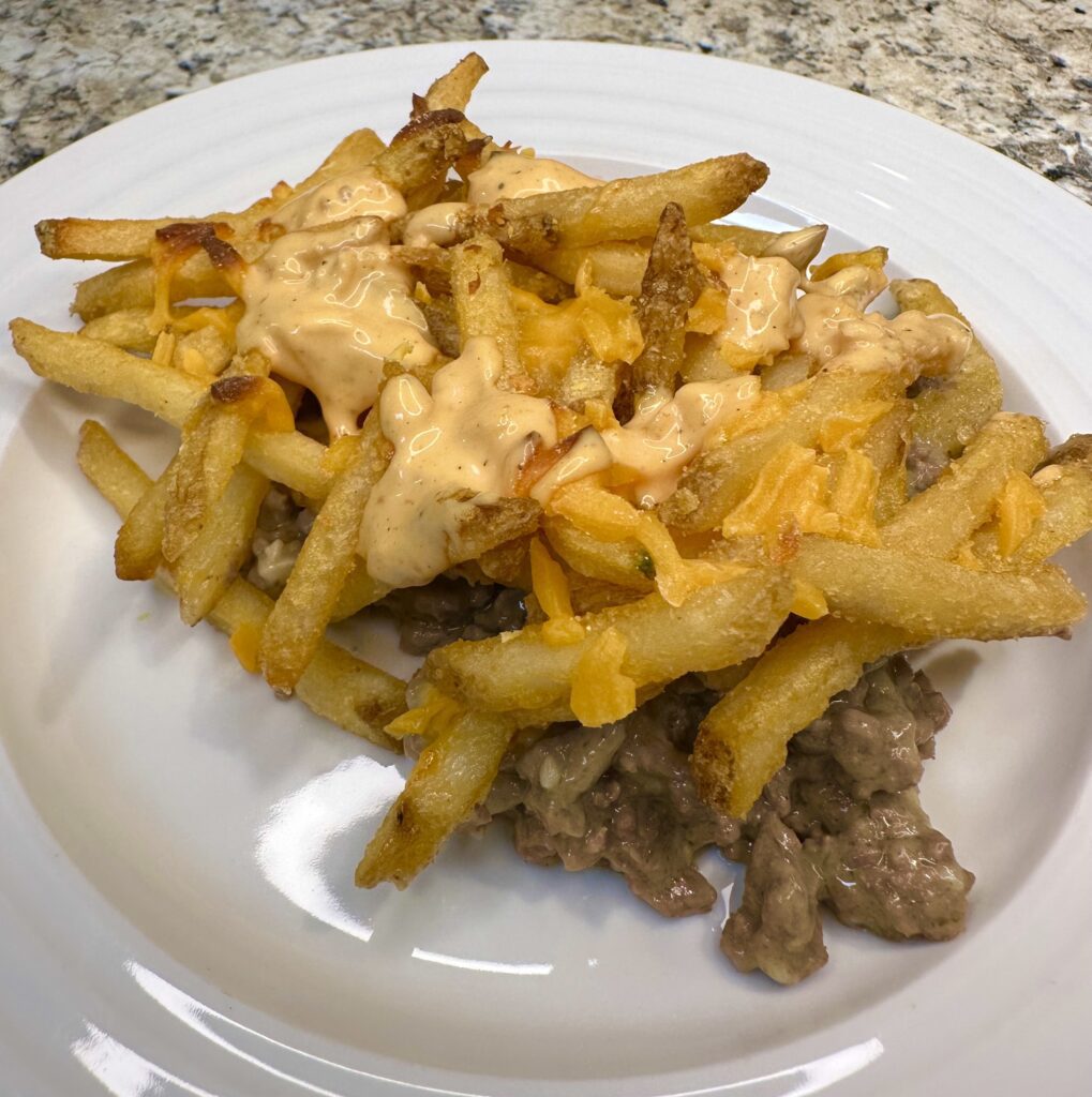 serving of cheeseburger French fry casserole