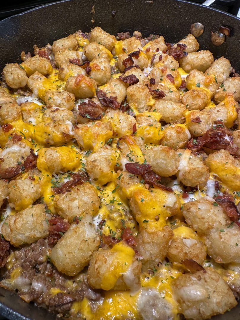 cooked bacon cheese burger tater tot casserole