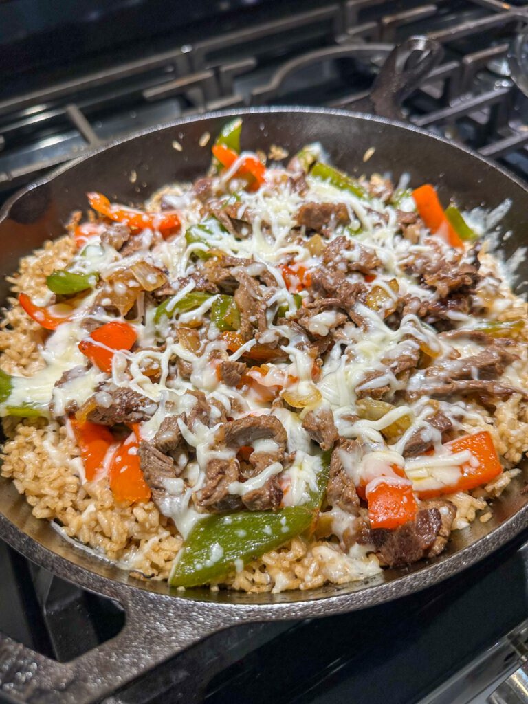 finished Philly cheesesteak rice skillet