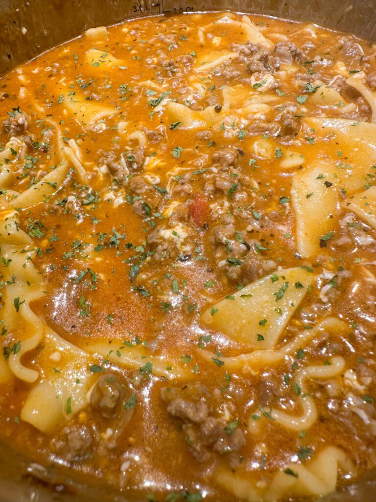 close up of lasagna soup texture