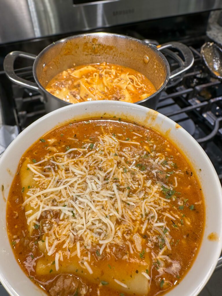 bowl and pot of lasagna soup