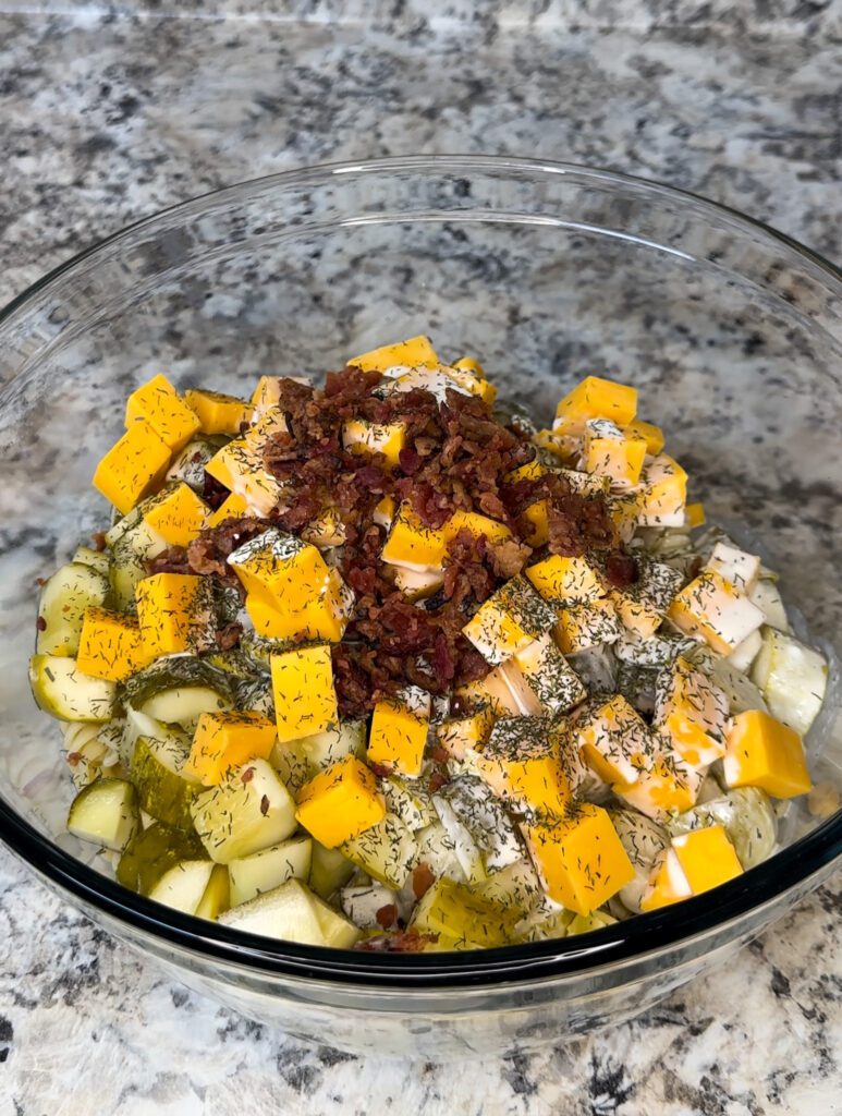 unmixed dill pickle pasta salad