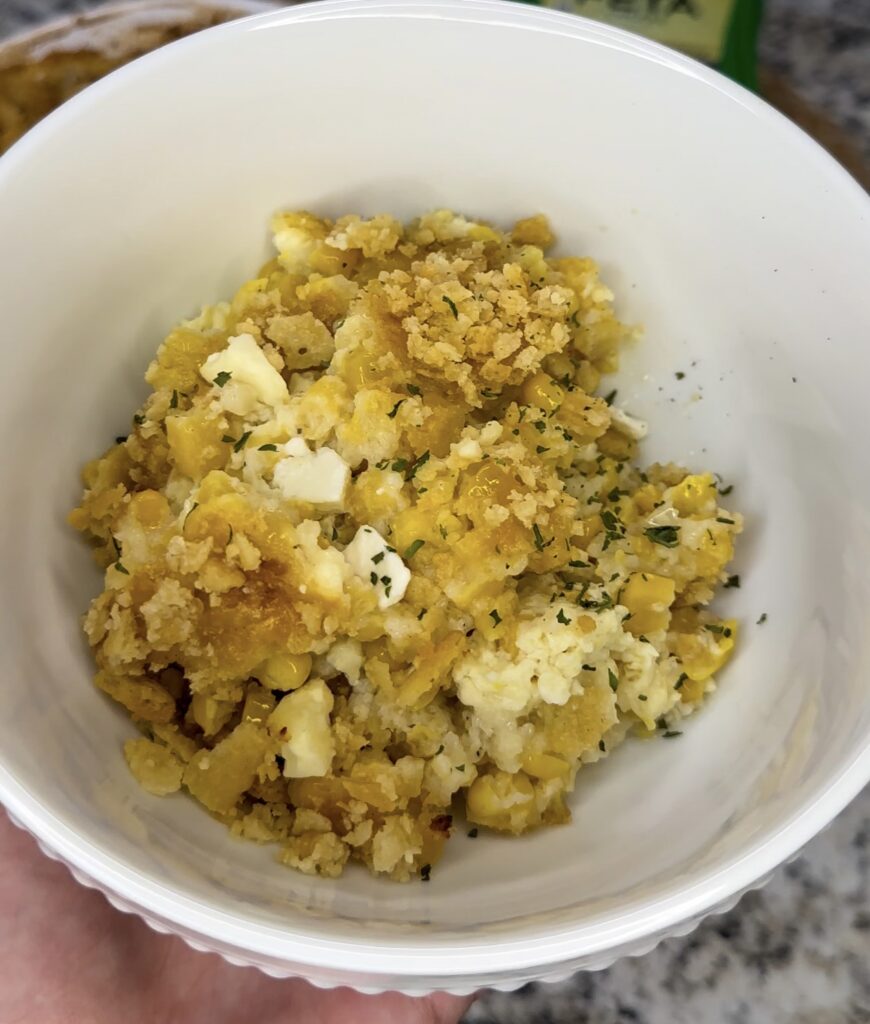 serving of feta corn casserole